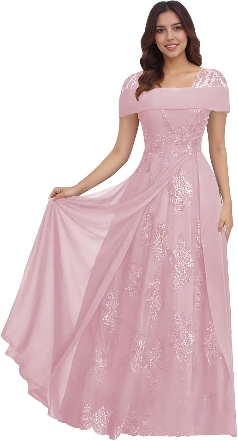 Lace Sequin Applique Mother of The Bride Dresses for Wedding Cap Sleeve A Line Long Wedding Guest Dresses for Women
