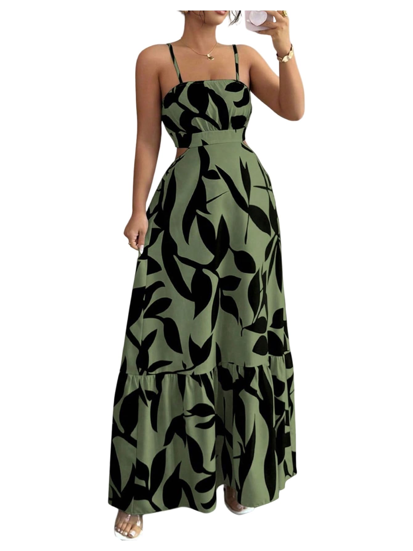 OYOANGLE Women's Cut Out Floral Print Tropical Maxi Cami Dress Ruffle Flowy Summer Vacation Spaghetti Strap Sundress