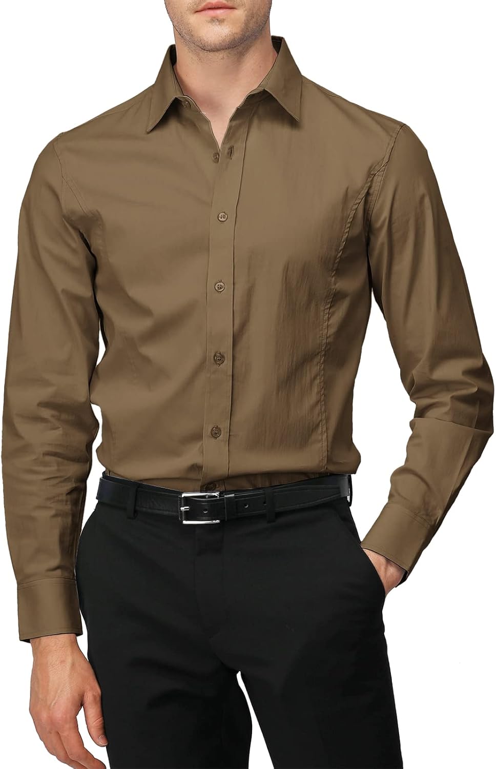 H2H Mens Slim Fit Dress Shirts Stretch Long Sleeve Basic Formal Shirts Solid Business Casual Button Down Shirts
