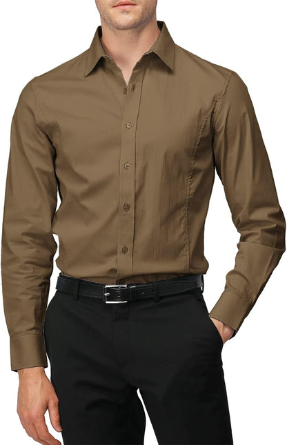 H2H Mens Slim Fit Dress Shirts Stretch Long Sleeve Basic Formal Shirts Solid Business Casual Button Down Shirts