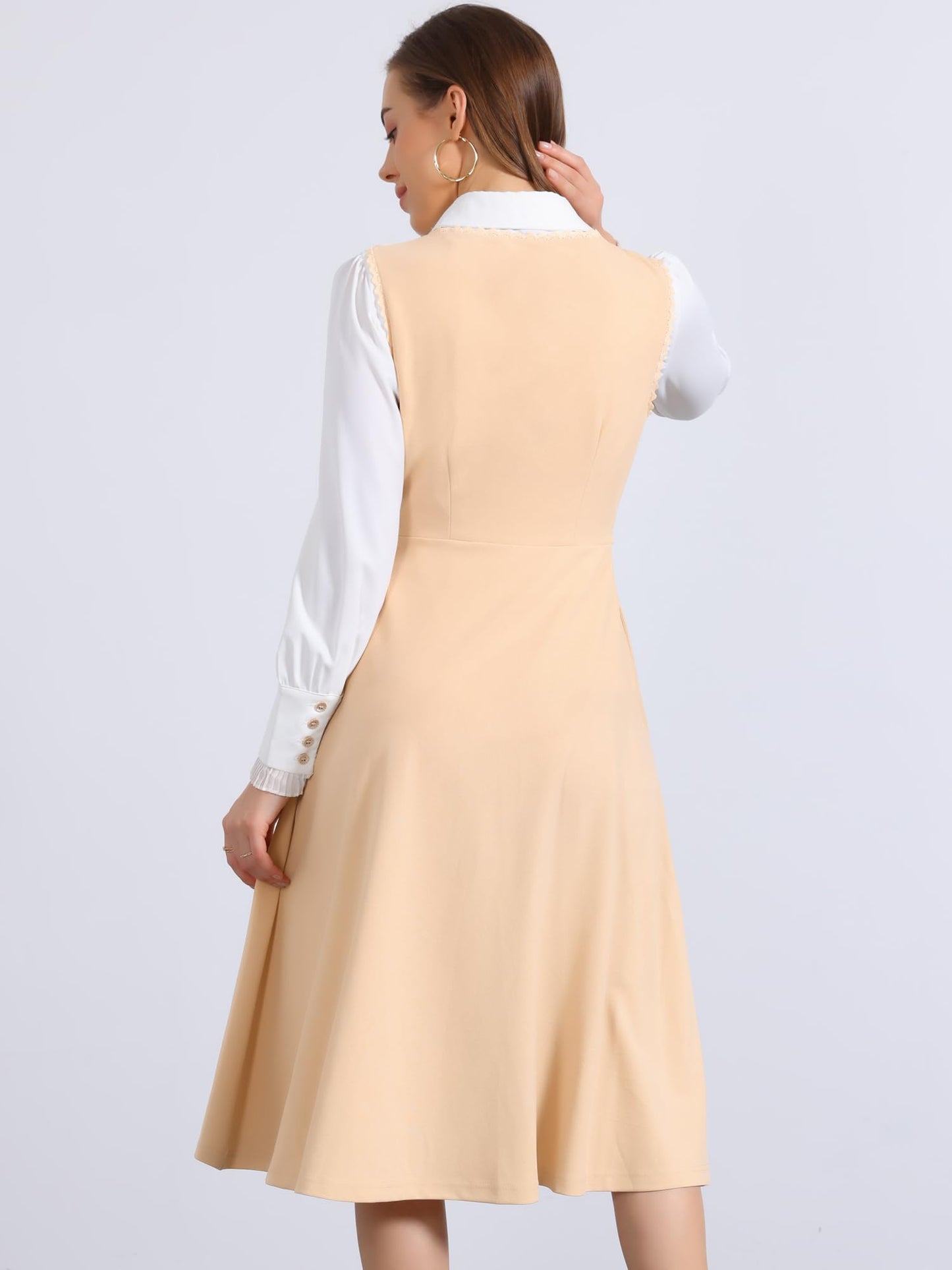 Allegra K Vintage Pinafore Dress for Women's 1950s Lace Trrim Midi Overall Dress with Pockets