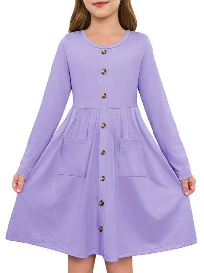 Girls Dresses Kids Button Down Midi Long Sleeve Casual A Line Dress with Pockets 4-14 Years