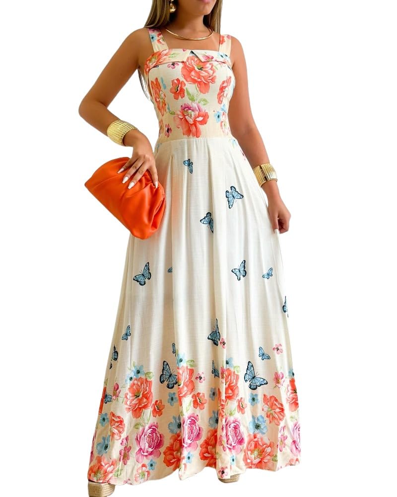 CHICME Women’s Floral Butterfly Print Linen Maxi Dress Quare Neck Strap Shirred Bodice Flowy Boho Summer Beach Dress
