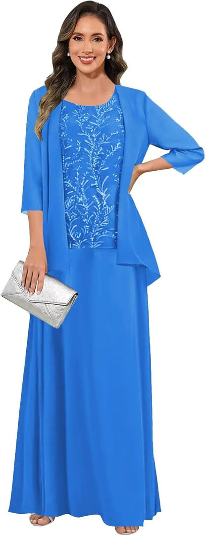 3 Pieces Mother of The Bride Dresses for Women 3/4 Sleeves Chiffon Lace Long Formal Wedding Guest Dress