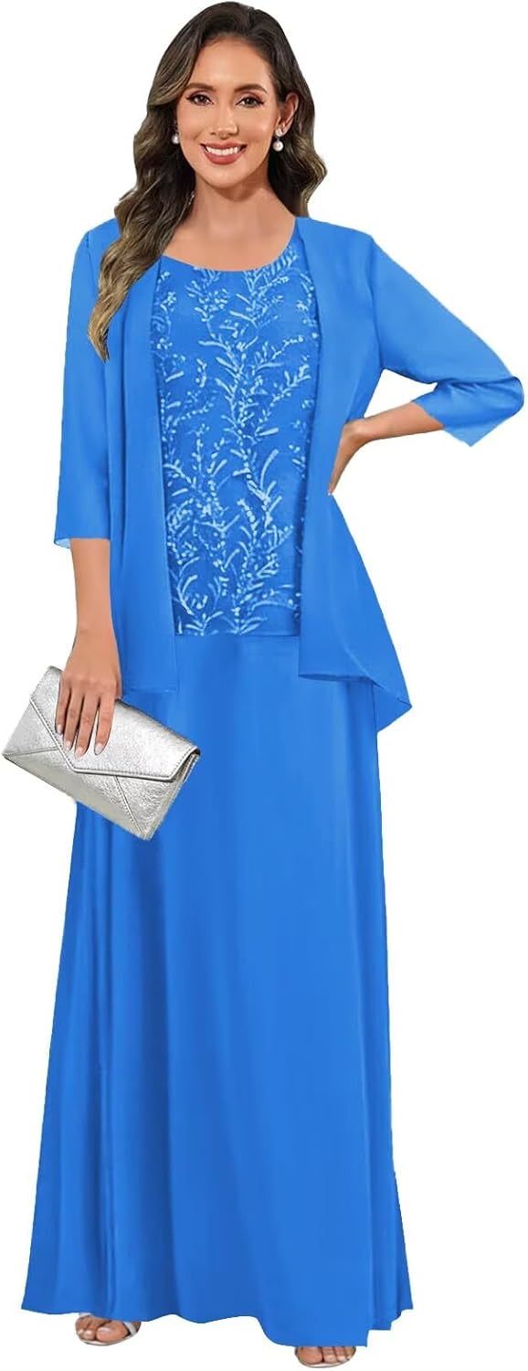 3 Pieces Mother of The Bride Dresses for Women 3/4 Sleeves Chiffon Lace Long Formal Wedding Guest Dress