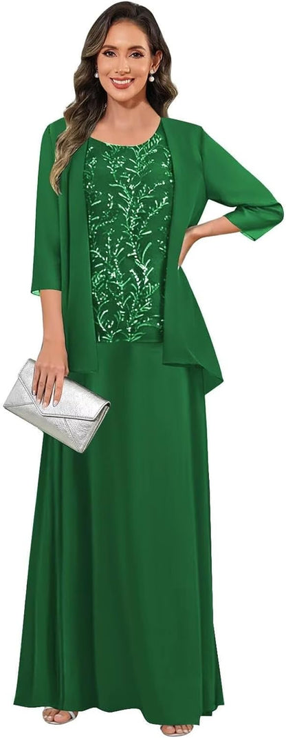 3 Pieces Mother of The Bride Dresses for Women 3/4 Sleeves Chiffon Lace Long Formal Wedding Guest Dress