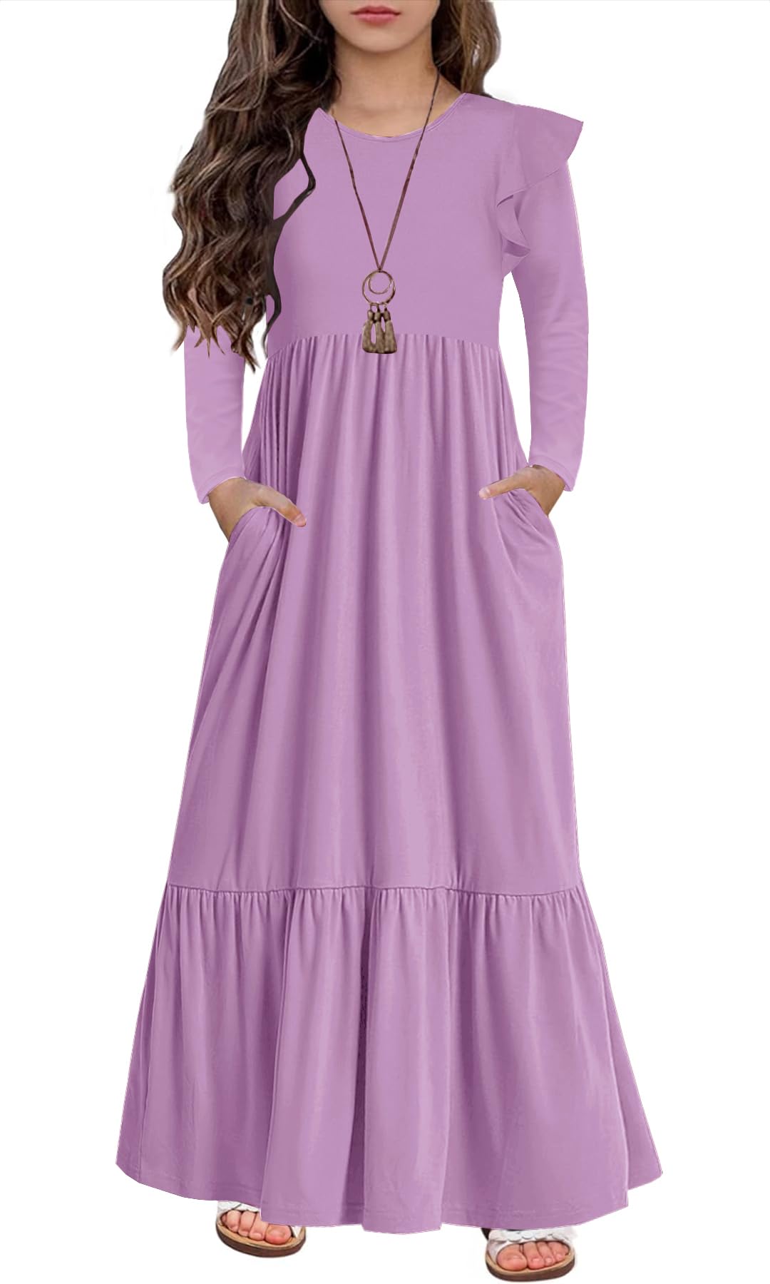 HOSIKA Girls Fall Ruffle Long Sleeve Crew Neck Loose Casual Flowy Tiered Maxi Dress with Pockets for 6-12 Y