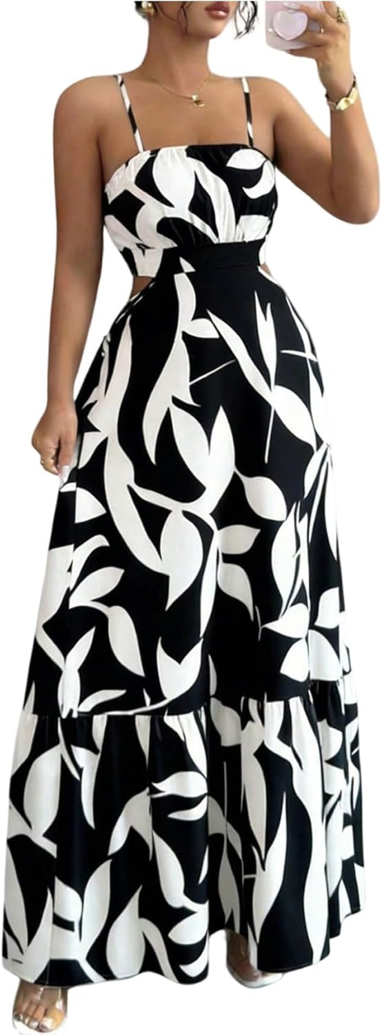 OYOANGLE Women's Cut Out Floral Print Tropical Maxi Cami Dress Ruffle Flowy Summer Vacation Spaghetti Strap Sundress