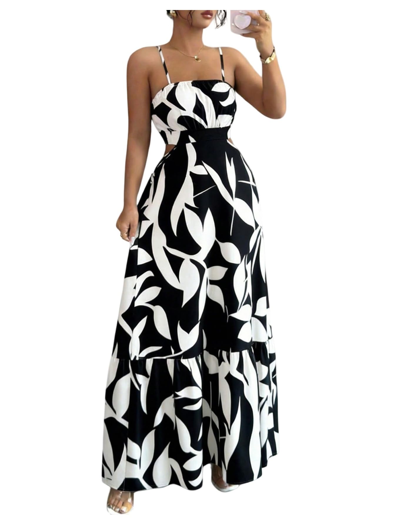 OYOANGLE Women's Cut Out Floral Print Tropical Maxi Cami Dress Ruffle Flowy Summer Vacation Spaghetti Strap Sundress