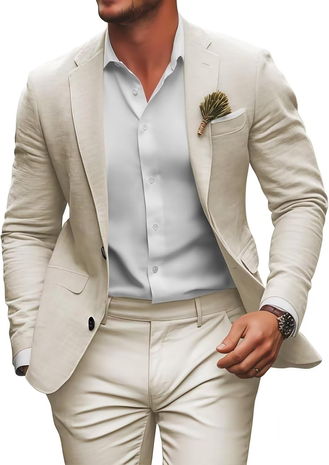 Retro Linen Mens Suit 2 Pieces Slim Fit Light Weight Beach Summer Wedding Tuxedo Set Jacket Blazer Pants for Men