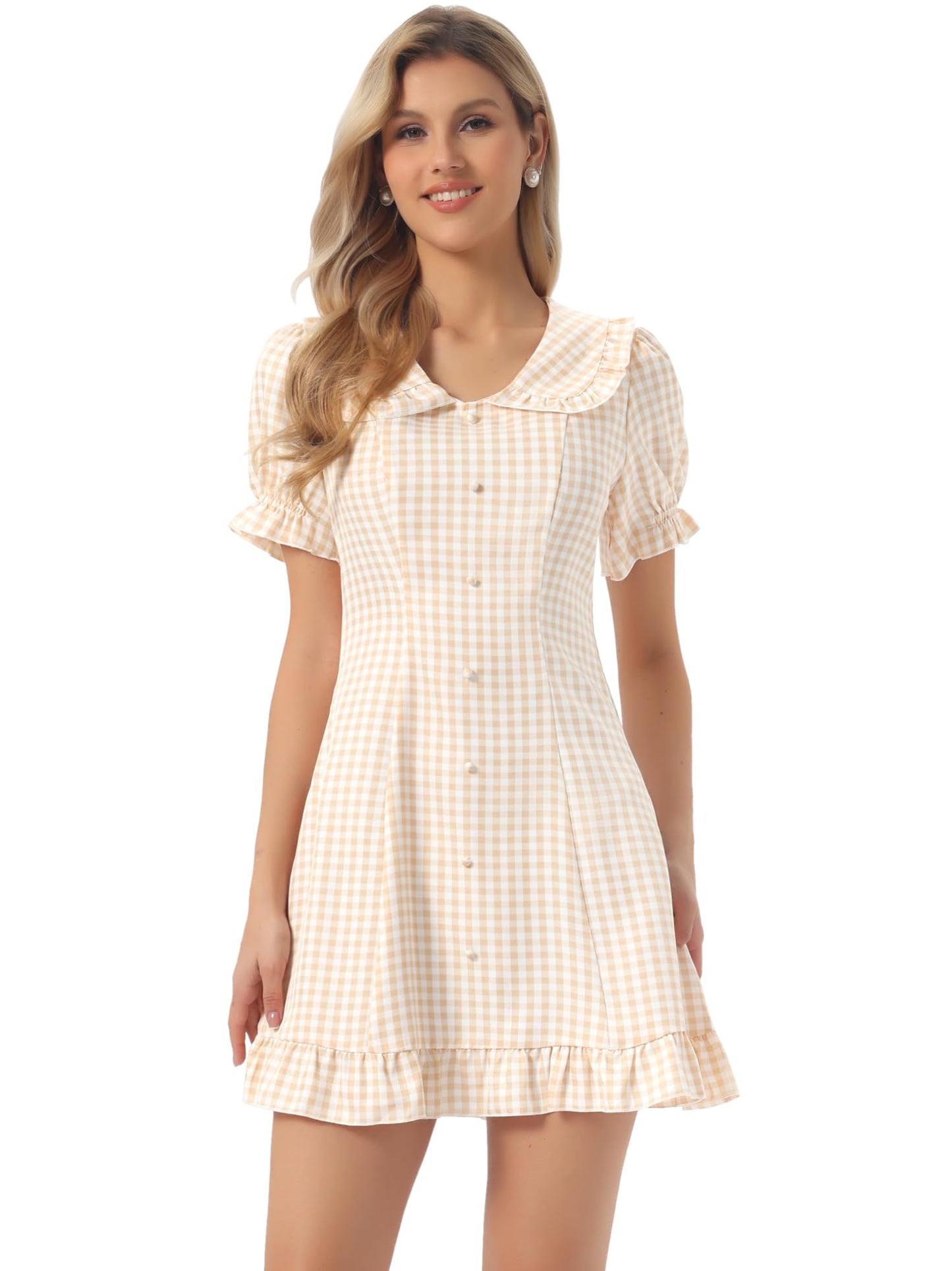 Allegra K Women's Gingham Checks Ruffled Peter Pan Collar Cute Mini Dress