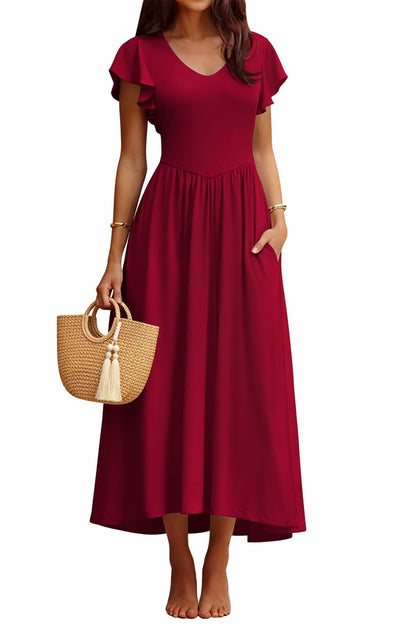 YUNDAI Women's Scoop Neck Flutter Sleeve Midi Dress with Pocket Elegant Flowy A Line Tie Back Dress