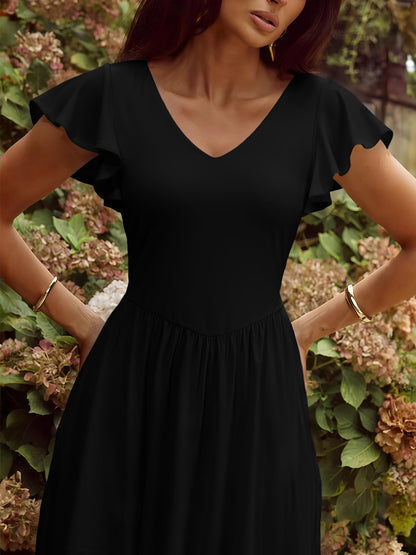 YUNDAI Women's Scoop Neck Flutter Sleeve Midi Dress with Pocket Elegant Flowy A Line Tie Back Dress