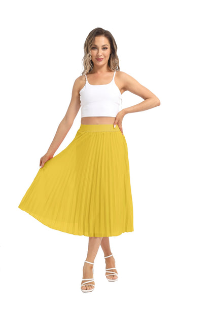Womens Chiffon High Waist Skirt Pleated A-Line Swing Elastic Shirring Midi Length