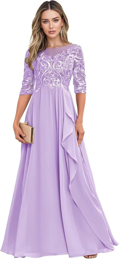 Long Mother of The Bride Dresses for Wedding Guest Half Sleeves Ruffle A Line Evening Party Gown HX012