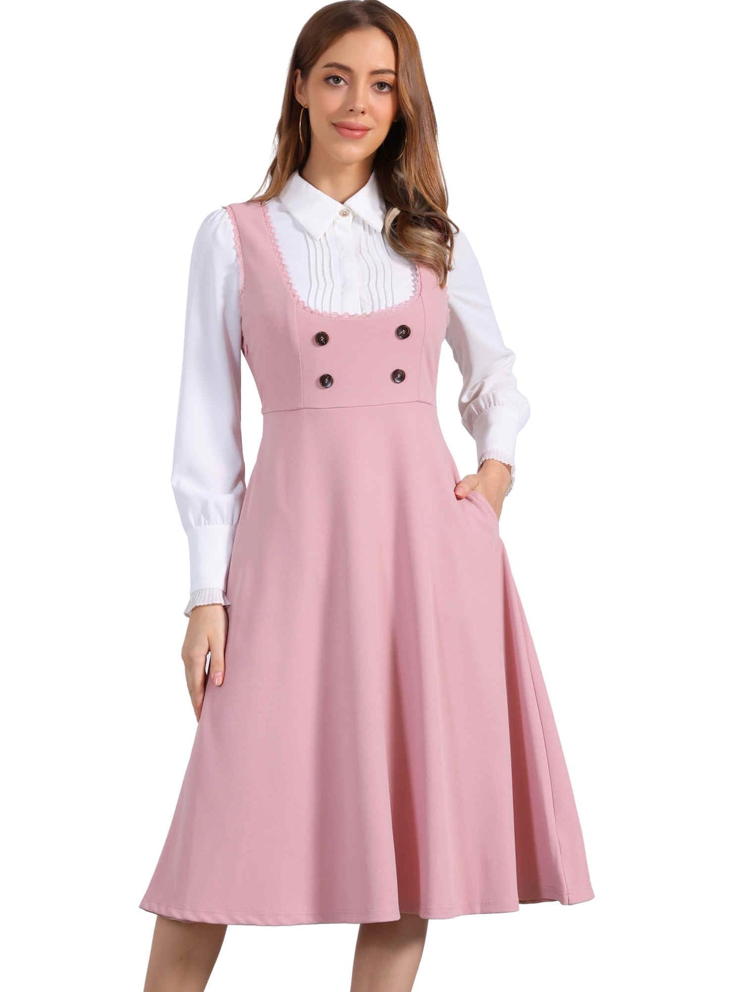 Allegra K Vintage Pinafore Dress for Women's 1950s Lace Trrim Midi Overall Dress with Pockets