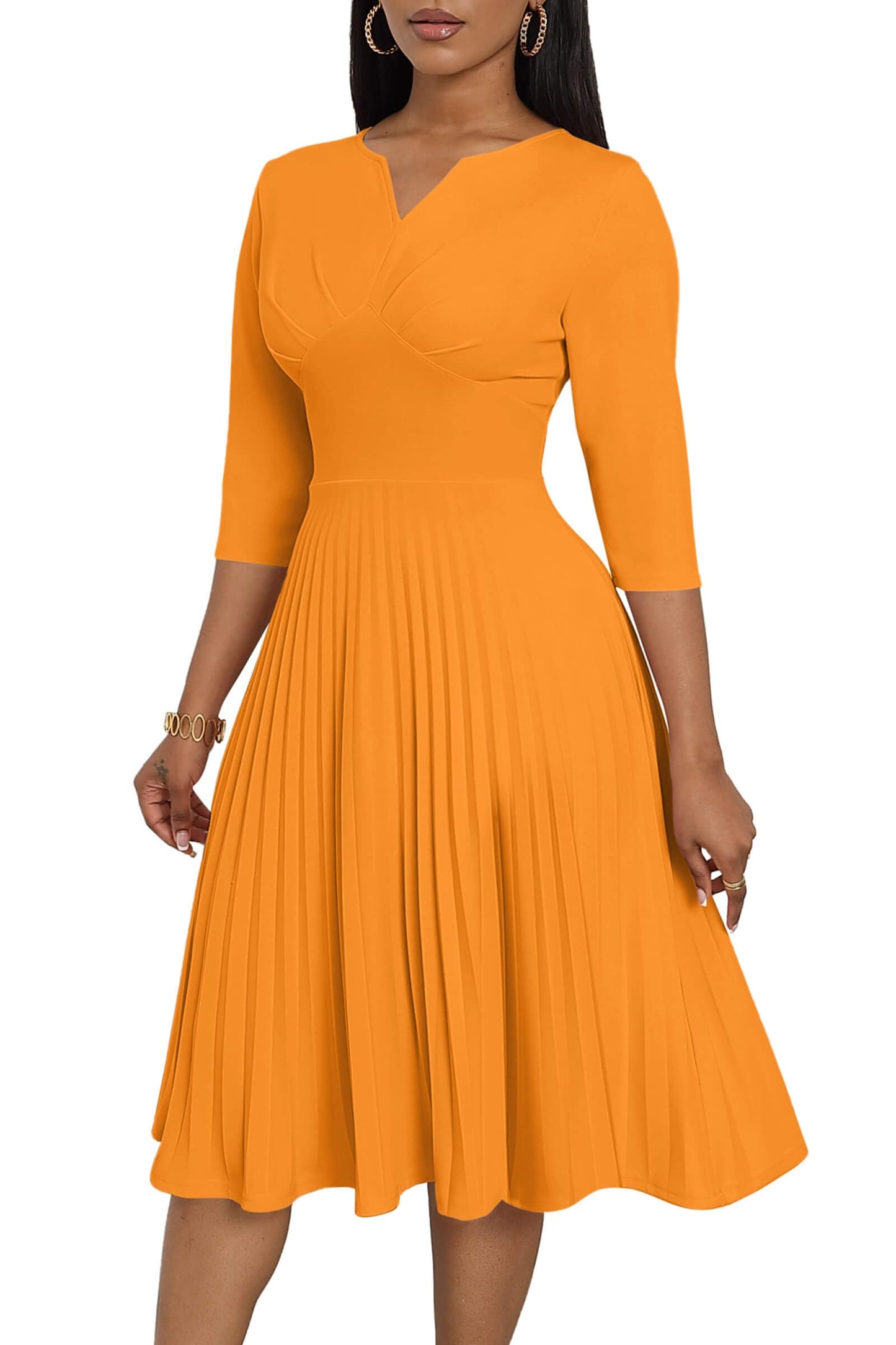 CLOCOR Midi Dresses for Women, 3/4 Sleeve A Line Pleated Casual Dress V Neck Church Cocktail Wedding Guest Dress