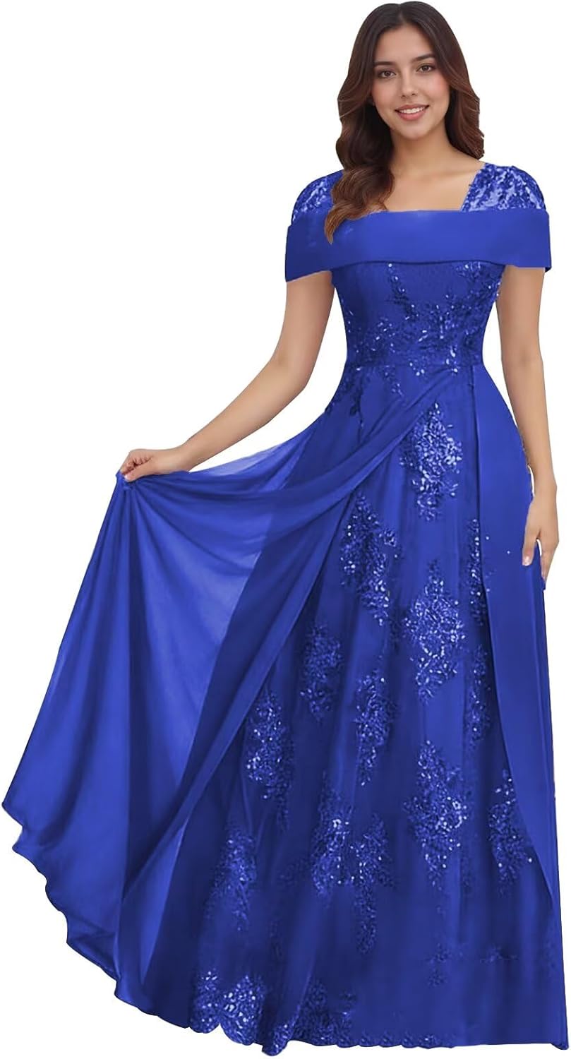 Lace Sequin Applique Mother of The Bride Dresses for Wedding Cap Sleeve A Line Long Wedding Guest Dresses for Women