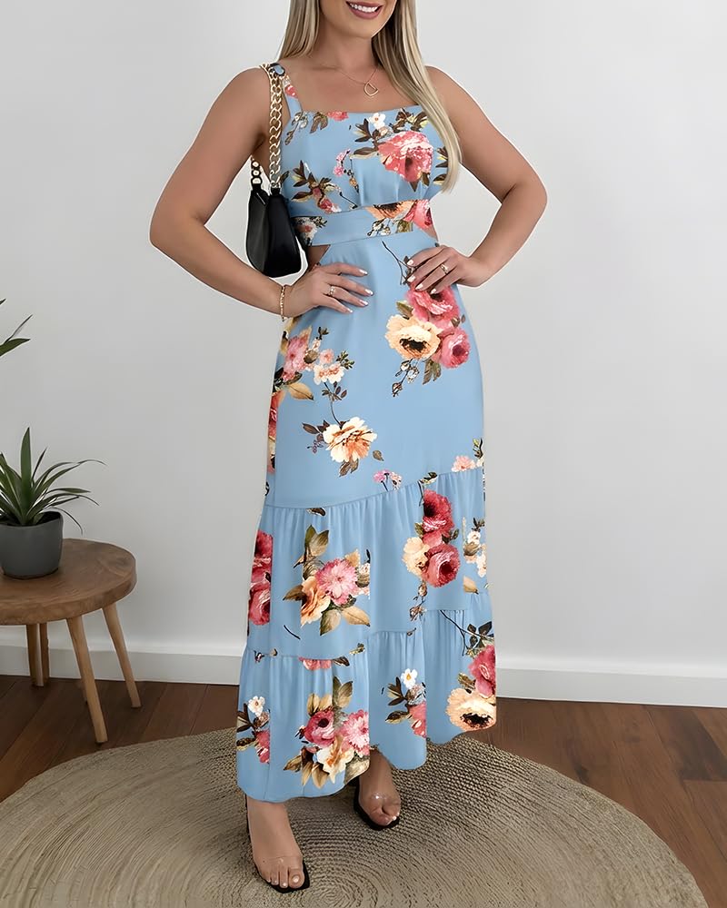 CHICME Summer Dresses for Women 2026 Sleeveless Casual Boho Maxi Dress Square Neck Cut Out Floral A Line Dress