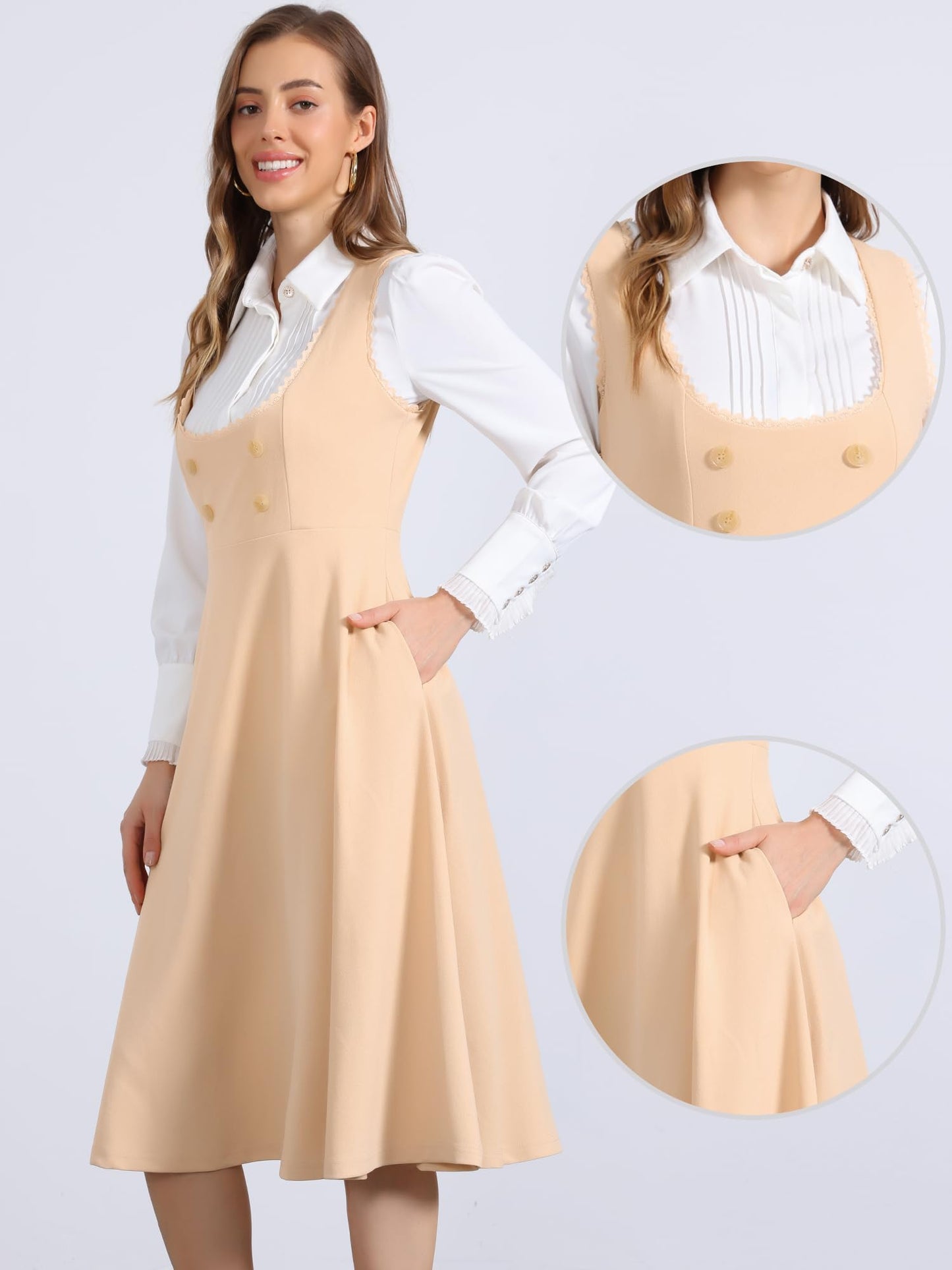 Allegra K Vintage Pinafore Dress for Women's 1950s Lace Trrim Midi Overall Dress with Pockets