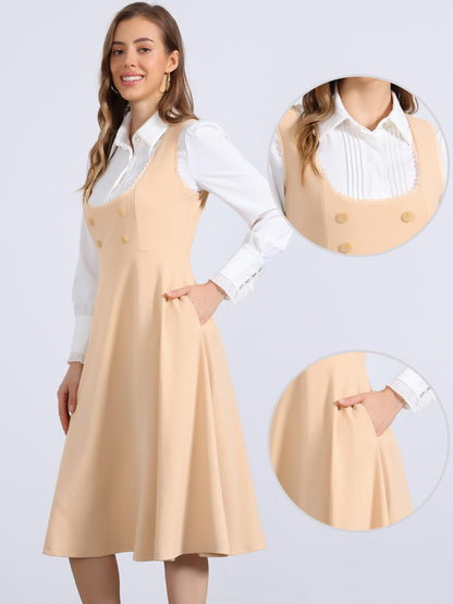 Allegra K Vintage Pinafore Dress for Women's 1950s Lace Trrim Midi Overall Dress with Pockets