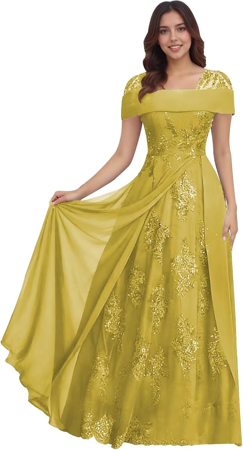 Lace Sequin Applique Mother of The Bride Dresses for Wedding Cap Sleeve A Line Long Wedding Guest Dresses for Women
