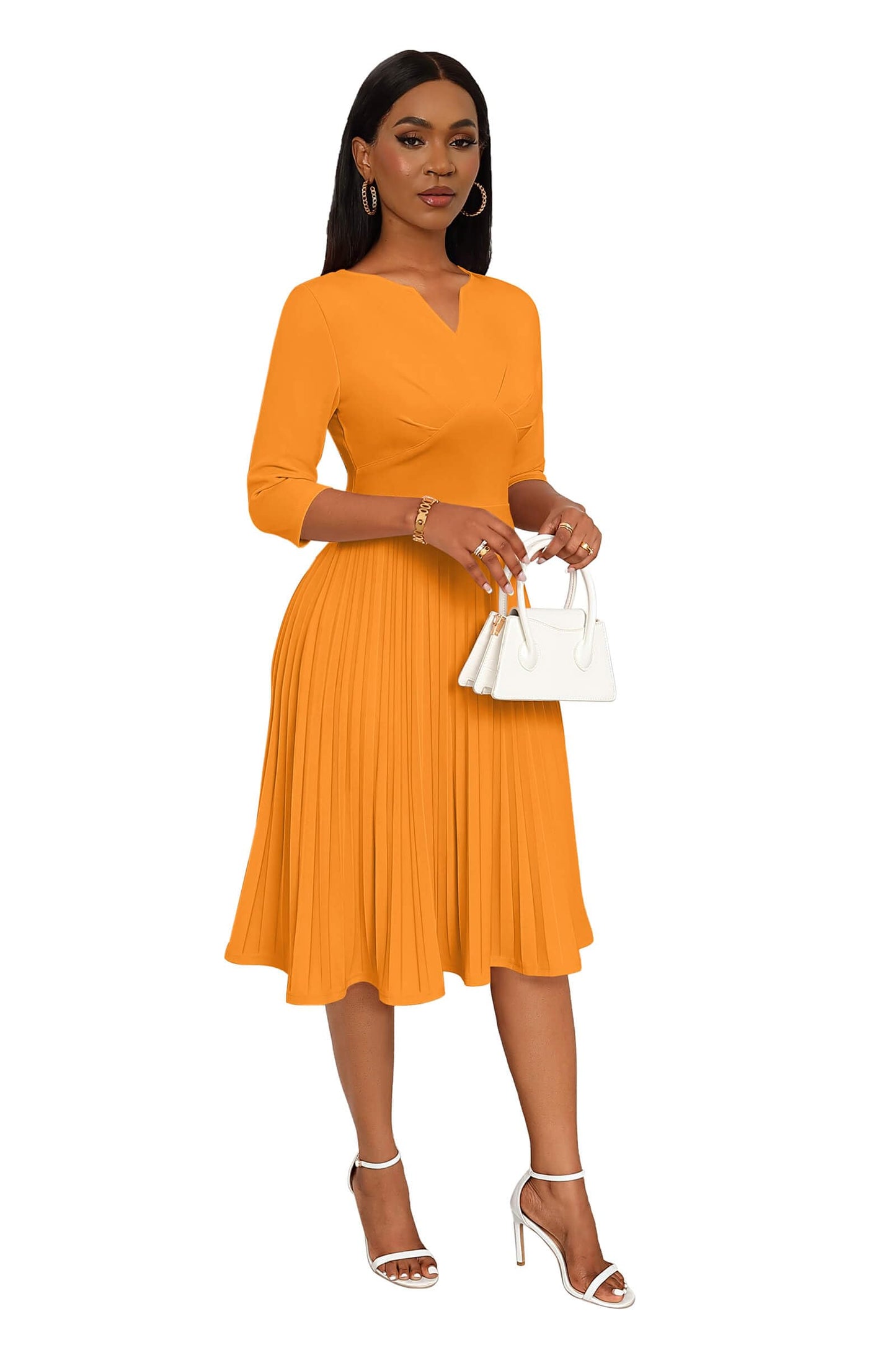 CLOCOR Midi Dresses for Women, 3/4 Sleeve A Line Pleated Casual Dress V Neck Church Cocktail Wedding Guest Dress