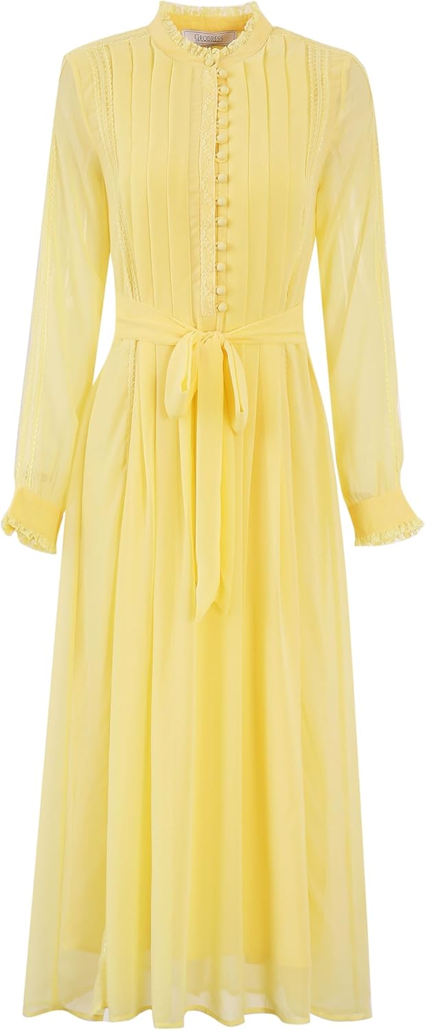 Women's 2026 Spring Fall Midi Dress with Belt Casual Long Sleeve Lace V Neck Pleated A Line Flowy Dresses for Work or Daily