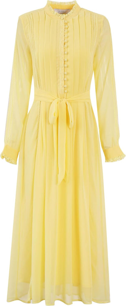 Women's 2026 Spring Fall Midi Dress with Belt Casual Long Sleeve Lace V Neck Pleated A Line Flowy Dresses for Work or Daily