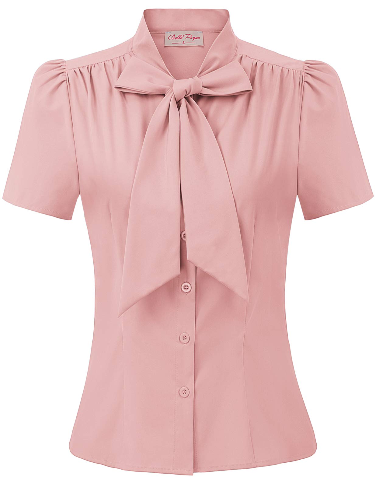 Belle Poque Summer Short Sleeve Office Button Down Blouse Stripe Shirt Tops with Bow Tie BP573