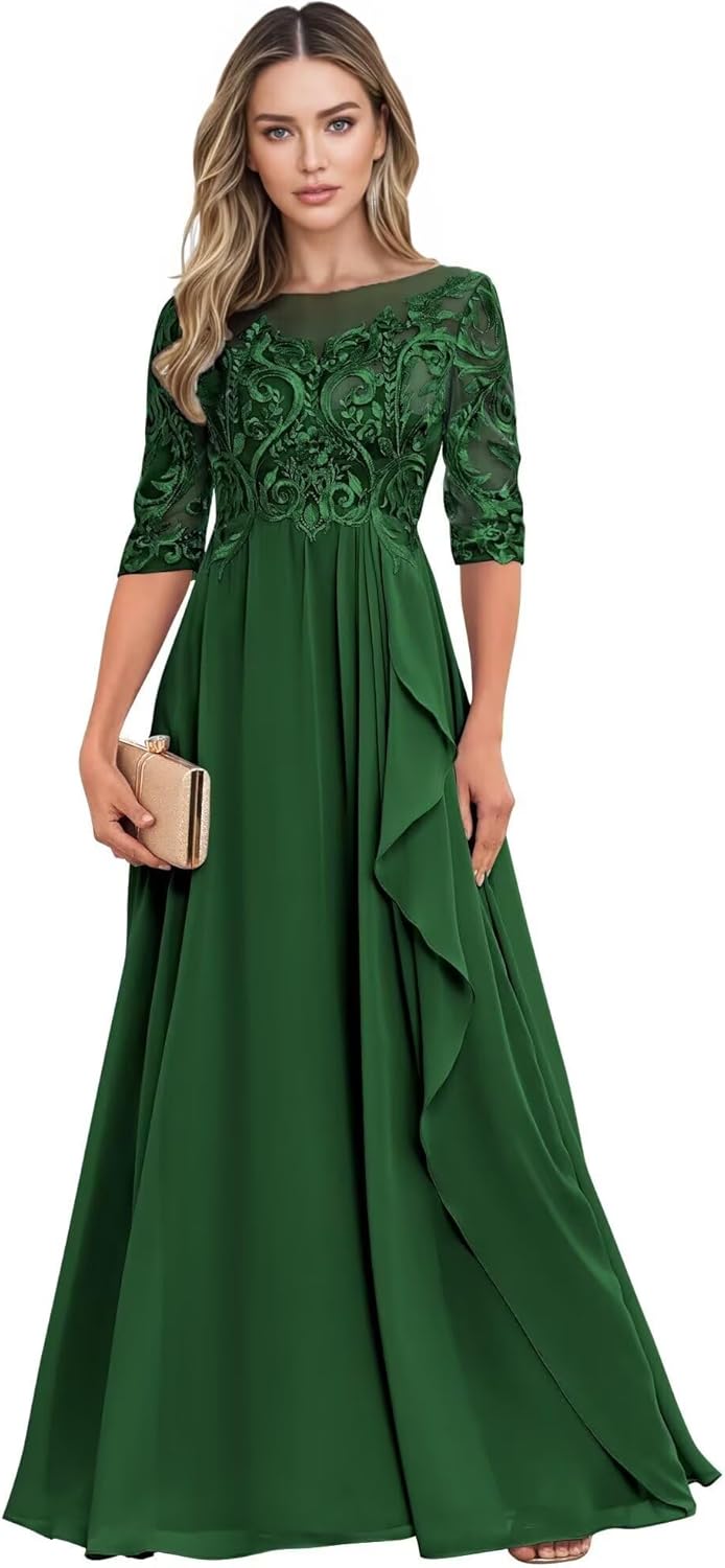 Long Mother of The Bride Dresses for Wedding Guest Half Sleeves Ruffle A Line Evening Party Gown HX012