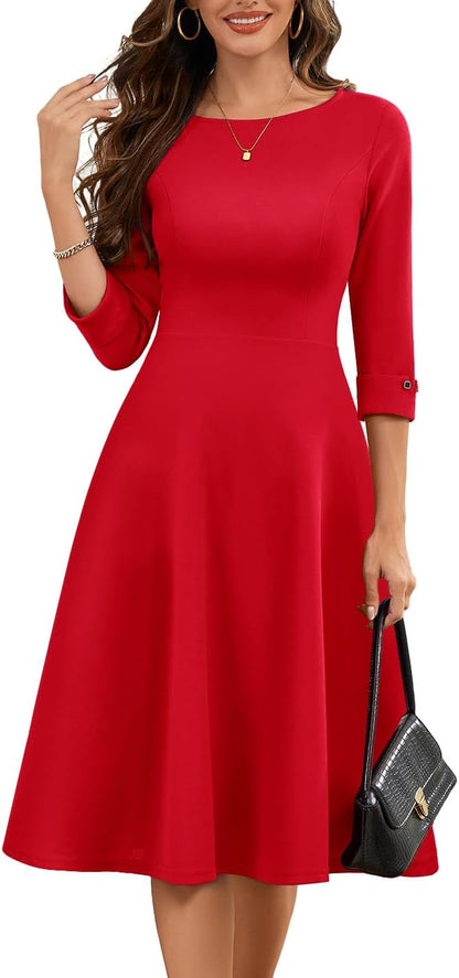 HomRain Women's Fit and Flare Midi Dress-3/4 Sleeve Modest Church Dress Classy Causal Work Dresses with Pockets