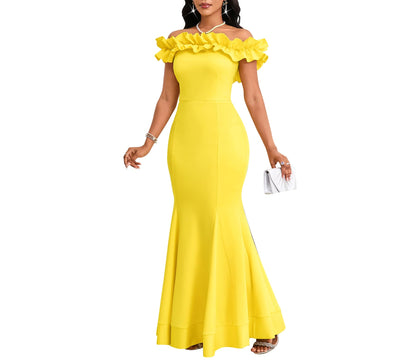 Cololura Sexy Floor-Length Off Shoulder Ruffles Stringy Selvedge Mermaid Bodycon Party Evening Maxi Dress