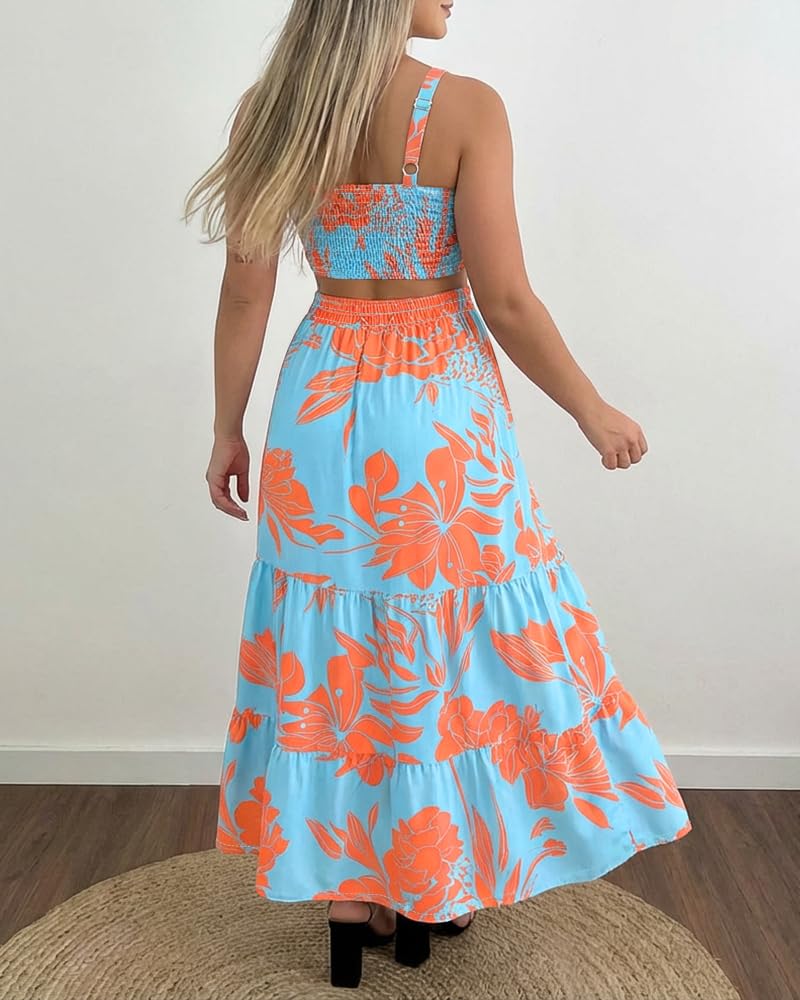 CHICME Summer Dresses for Women 2026 Sleeveless Casual Boho Maxi Dress Square Neck Cut Out Floral A Line Dress