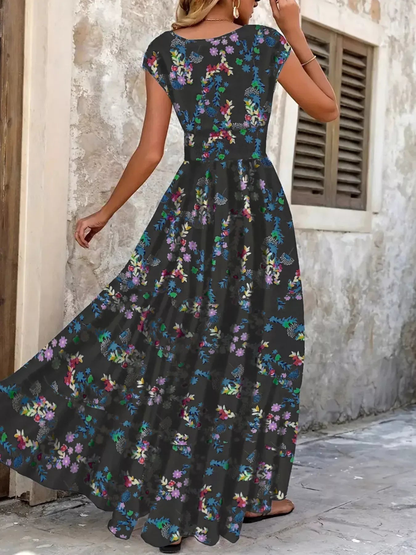 Printed V-Neck Cap Sleeve Maxi Dress