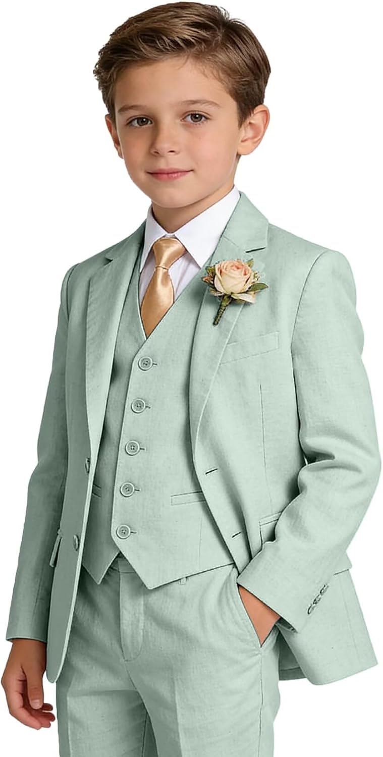 Boys Linen Suit Formal 3 Piece Toddler Tuxedo for Summer Beach Wedding Outfit Slim Fit Kids Suits Jacket Vest Pants