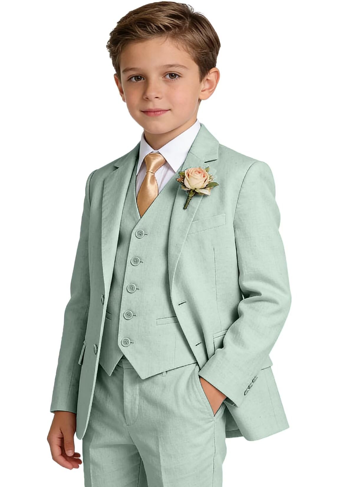 Boys Linen Suit Formal 3 Piece Toddler Tuxedo for Summer Beach Wedding Outfit Slim Fit Kids Suits Jacket Vest Pants
