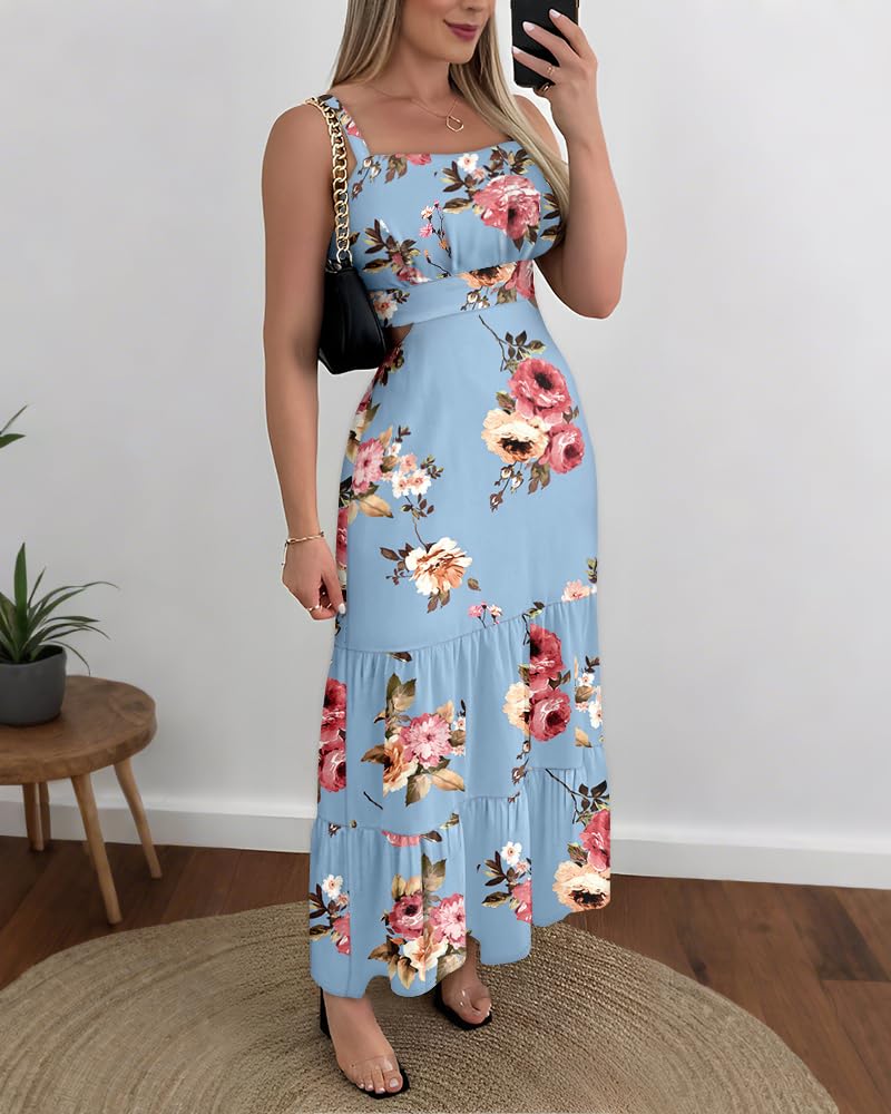 CHICME Summer Dresses for Women 2026 Sleeveless Casual Boho Maxi Dress Square Neck Cut Out Floral A Line Dress