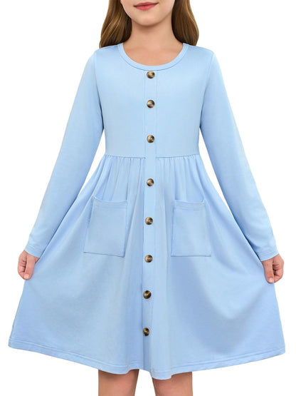 Girls Dresses Kids Button Down Midi Long Sleeve Casual A Line Dress with Pockets 4-14 Years