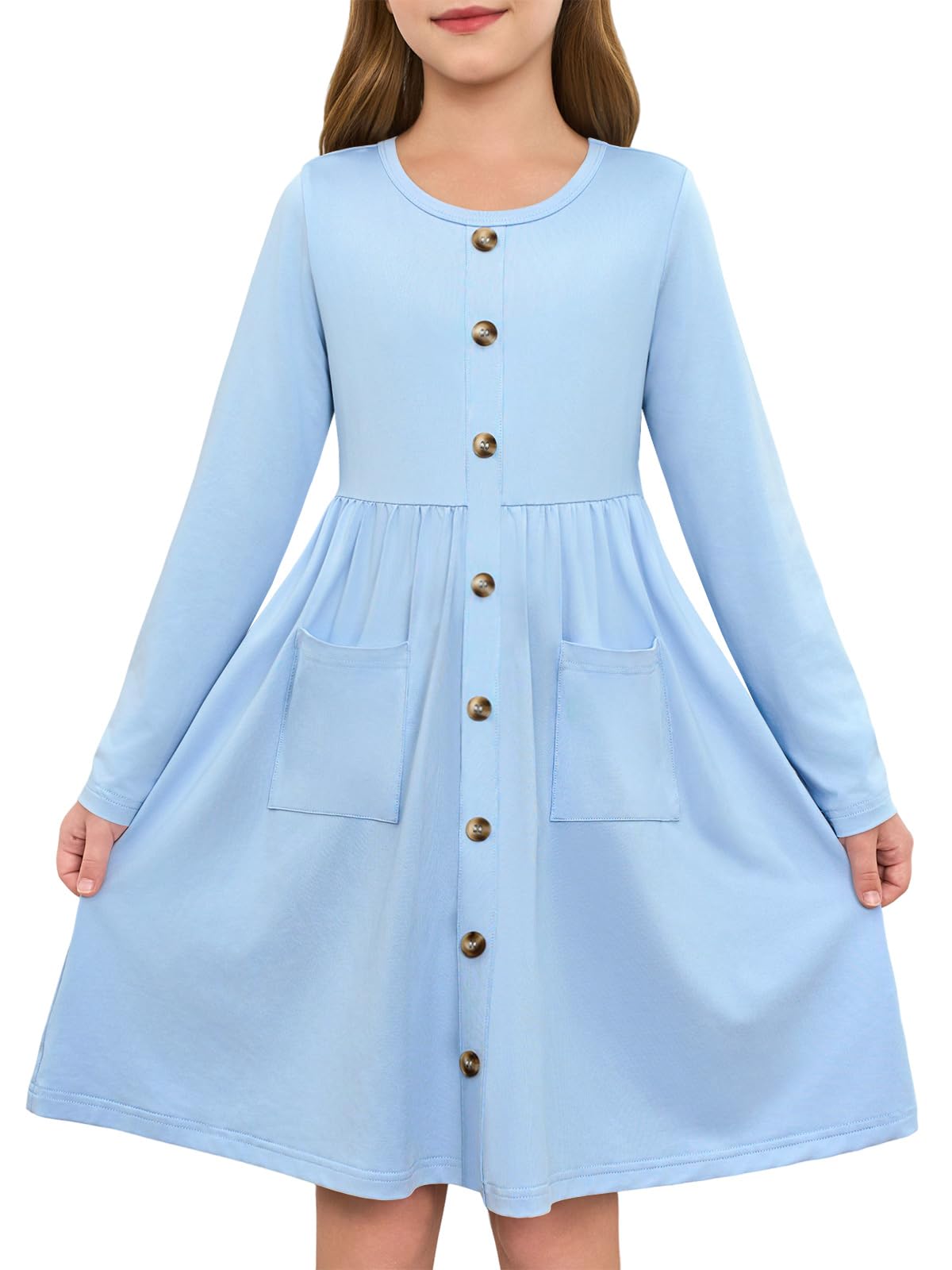 Girls Dresses Kids Button Down Midi Long Sleeve Casual A Line Dress with Pockets 4-14 Years