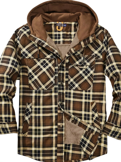 Men's Snap Down Plaid Flannel Hooded Jacket