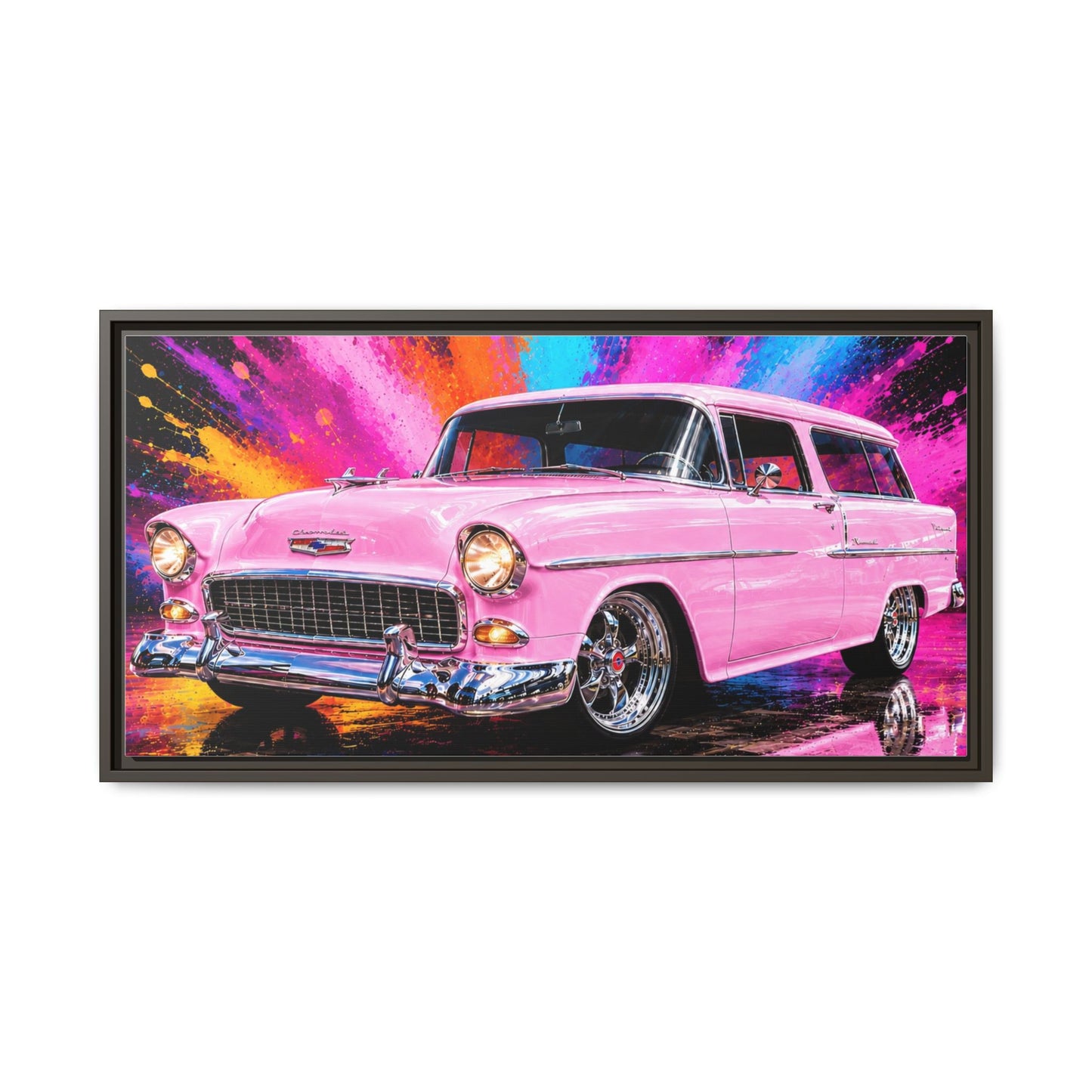 Pink Classic Station Wagon Canvas Print — Retro Car Wall Art, Framed Matte Multi‑Color Splash