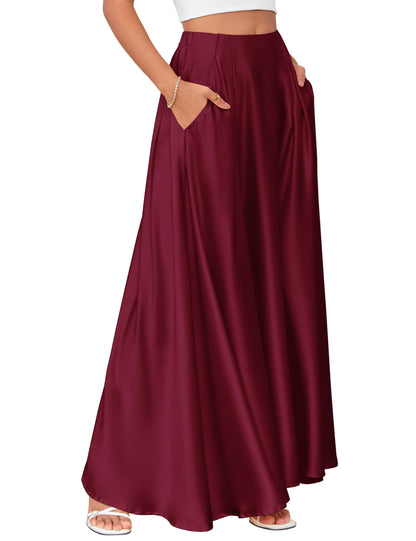 MAKABO Maxi Satin Skirts for Womens High Waisted Flowy Long A line Skirt Trendy for Office Holiday Party