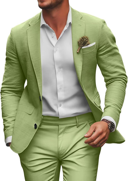 Retro Linen Mens Suit 2 Pieces Slim Fit Light Weight Beach Summer Wedding Tuxedo Set Jacket Blazer Pants for Men