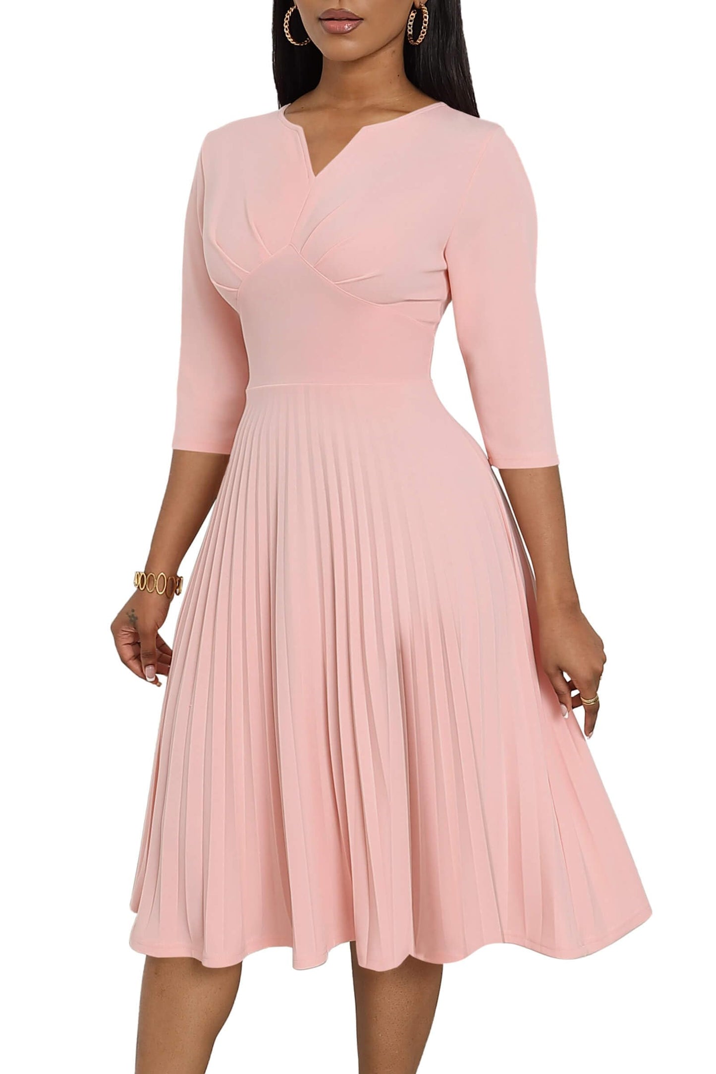 CLOCOR Midi Dresses for Women, 3/4 Sleeve A Line Pleated Casual Dress V Neck Church Cocktail Wedding Guest Dress