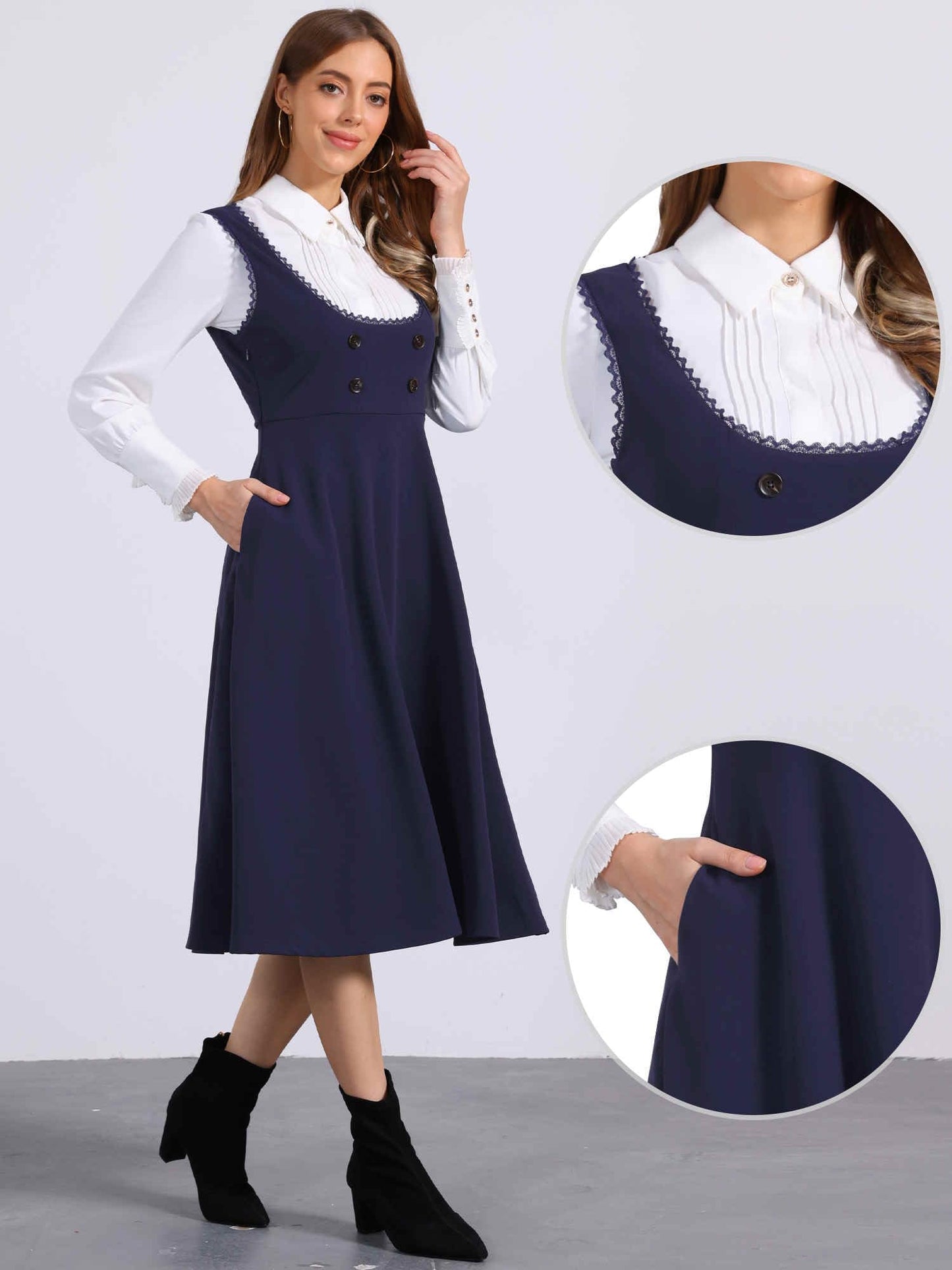 Allegra K Vintage Pinafore Dress for Women's 1950s Lace Trrim Midi Overall Dress with Pockets