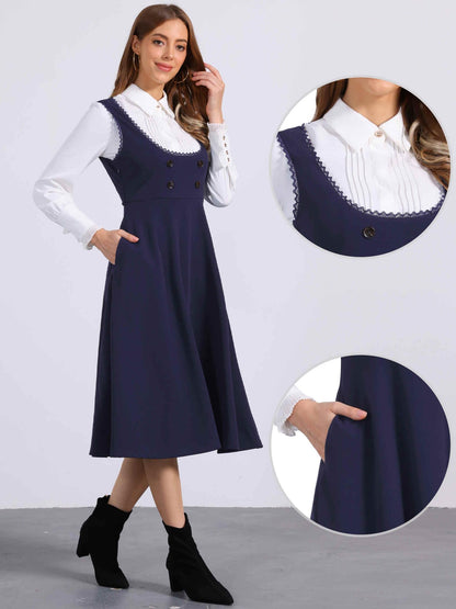 Allegra K Vintage Pinafore Dress for Women's 1950s Lace Trrim Midi Overall Dress with Pockets