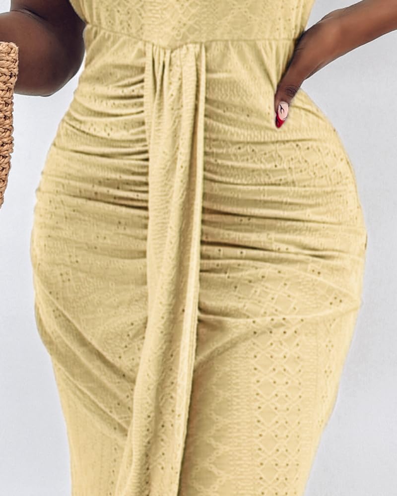 CHICME Womens Summer Halter Dress Hollow Out A Line Vacation Dresses with Eyelet Embroidery & Side Slit