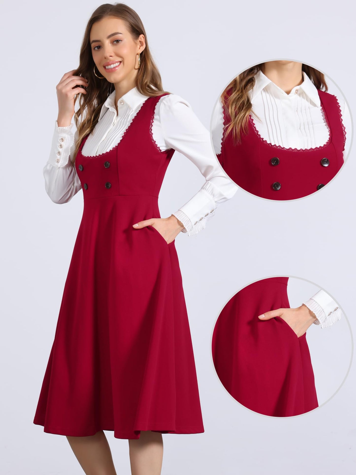 Allegra K Vintage Pinafore Dress for Women's 1950s Lace Trrim Midi Overall Dress with Pockets