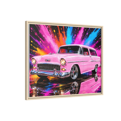 Pink Classic Station Wagon Canvas Print — Retro Car Wall Art, Framed Matte Multi‑Color Splash